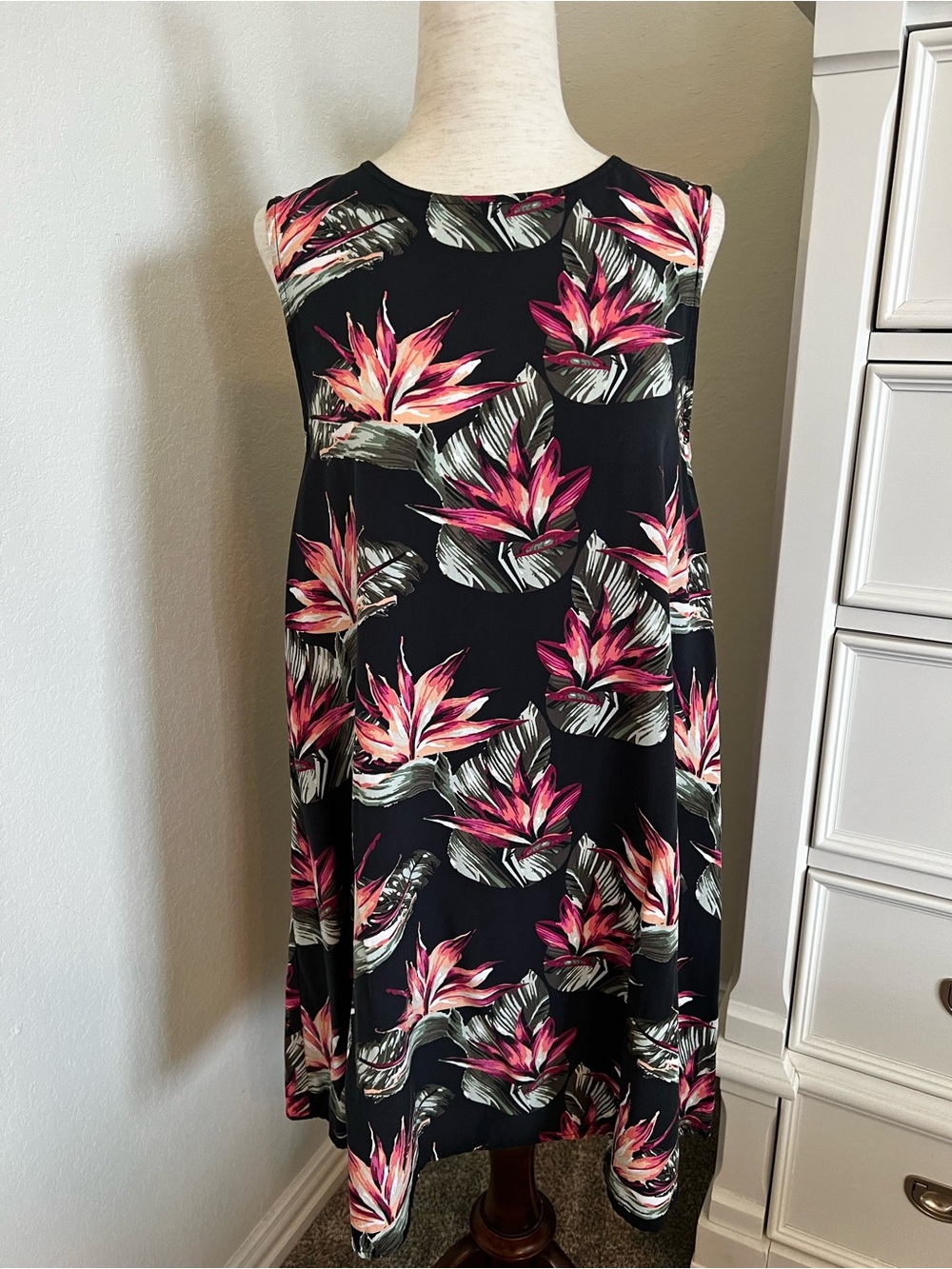 Cost Plus World Market Black Floral Sleeveless Shift Dress with Pink Accents